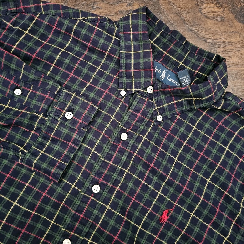 Ralph Lauren Custom Fit Men's XXL Navy Green Plaid Long Sleeve Button Down Shirt